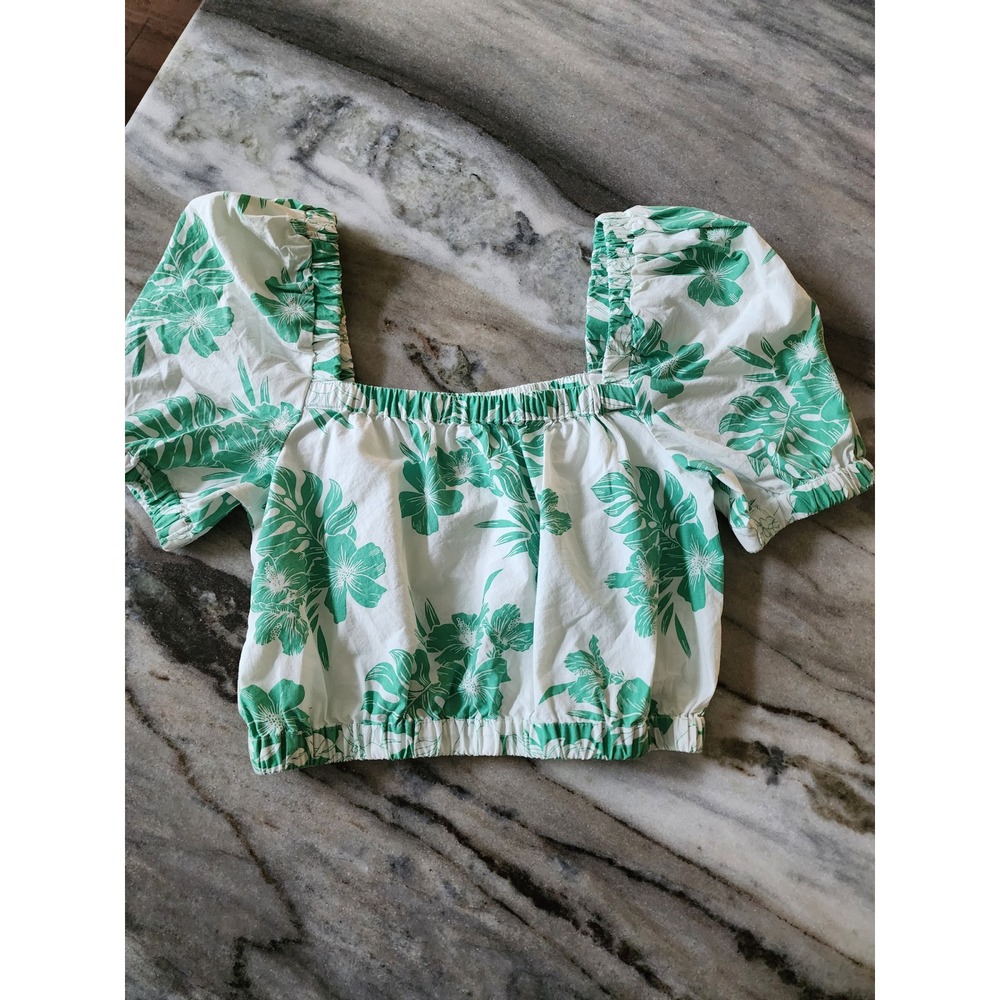 NWT American Eagle Green White Floral Tropical Puff Sleeve Crop Top XS